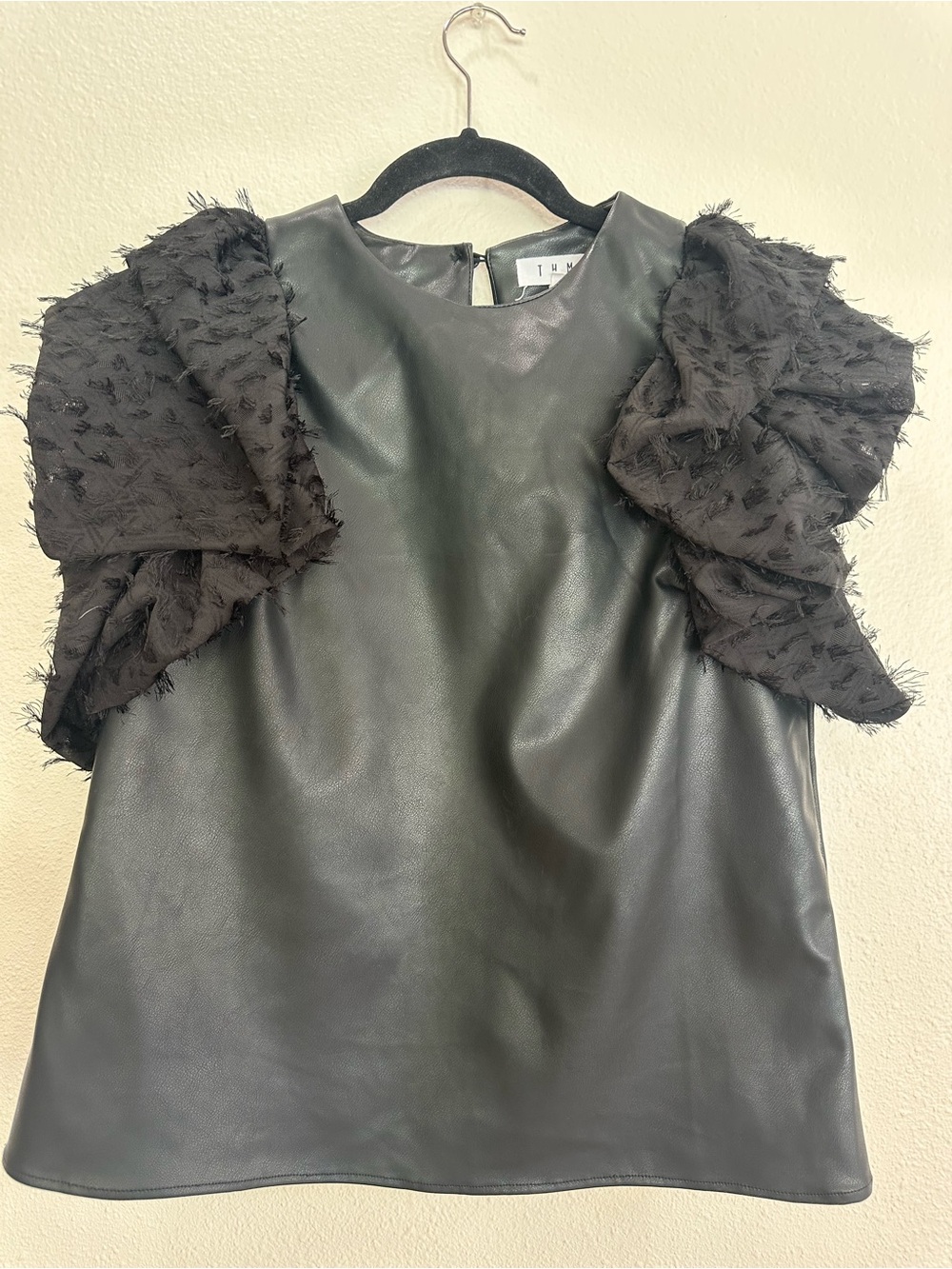 THML Black Faux Leather Top with Textured Puff Chiffon Sleeves Size XS